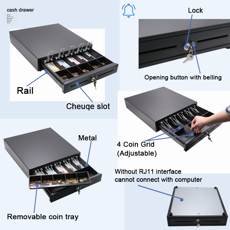 Metal POS Cash Drawer, 5 Bills 5 Coins Cash POS Money Box