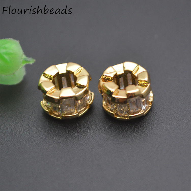 Jewelry Accessories Color-Remain 18K Gold Plated CZ-Paved Cylinder Tube Spacer Loose Beads