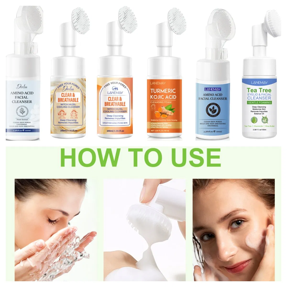 Online Wholesale Retail Organic Acne Glow Whitening Brightening Amino Acid Tea Tree Oil Turmeric Kojic Acid Cleansing Mousse Face Cleanser Facial Cleanser