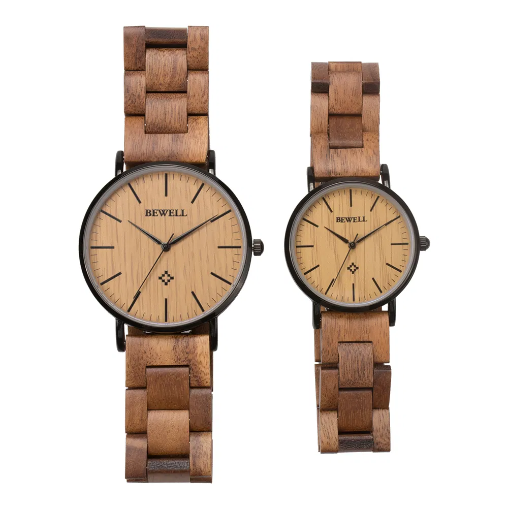 Bewell on Sales Fashion Minimalist Couple Watch Custom Logo Ss Wrist Watch with Wood Wristband