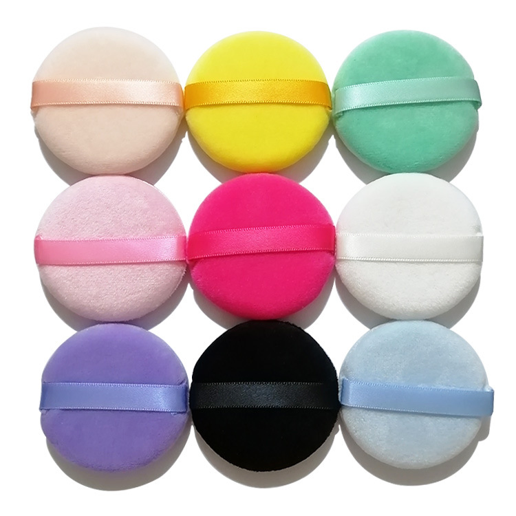 Factory Supplier Velvet Cotton Powder Puff Round Ribbon Flutter Air Cushion Sponge Makeup Velvet Flocked Sponge Puff