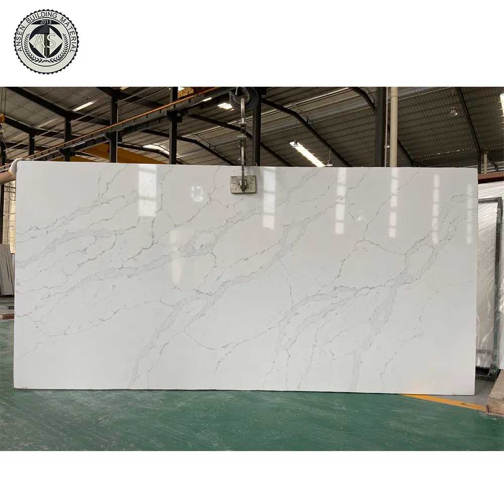 Artificial Quartz Slabs White Color Grey Veins Calacatta White Quartz Stone for Countertop