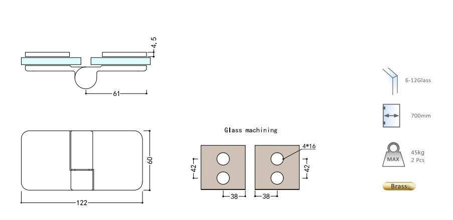 Glass-to-Wall Shower Room with Lifting Function Full Brass Hinge