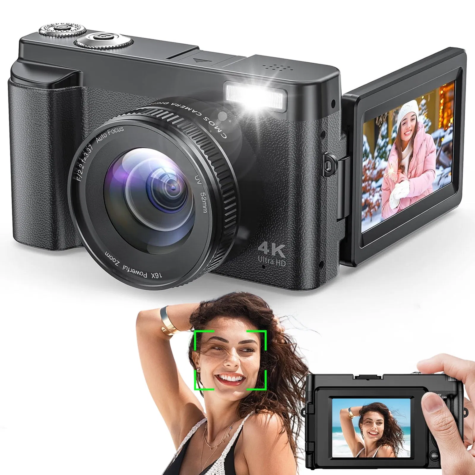 DC101 4K 64MP Camera - 18X Digital Zoom, 3.0" Flip Screen, for Vlogging