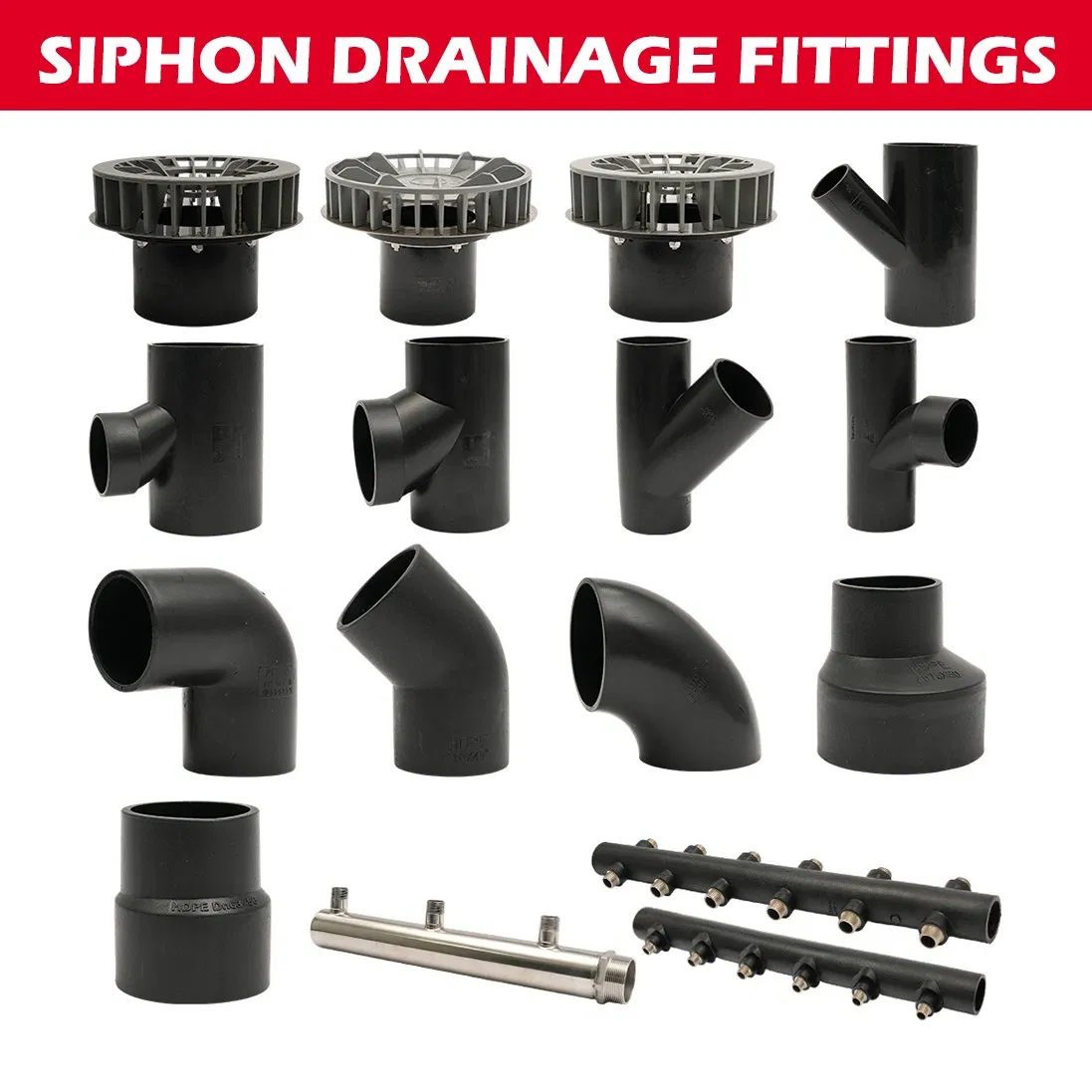 Custom High Precision PE/HDPE Siphonic Roof Drainage Funnel Syphon Rainwater Drain Outlet Drainage Pipe Fittings Siphon Roof Drain Outlet