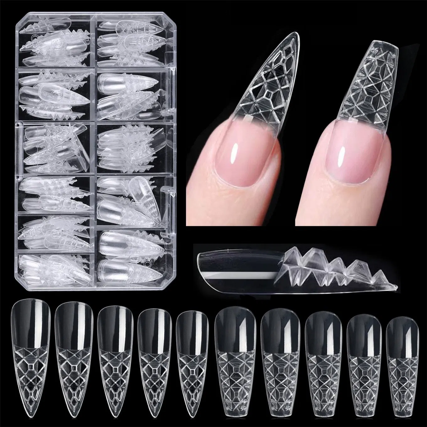 3D Crystal Glass Fake Nails Long Pointed Concave and Convex 120 Boxes of Transparent Trapezoid.
