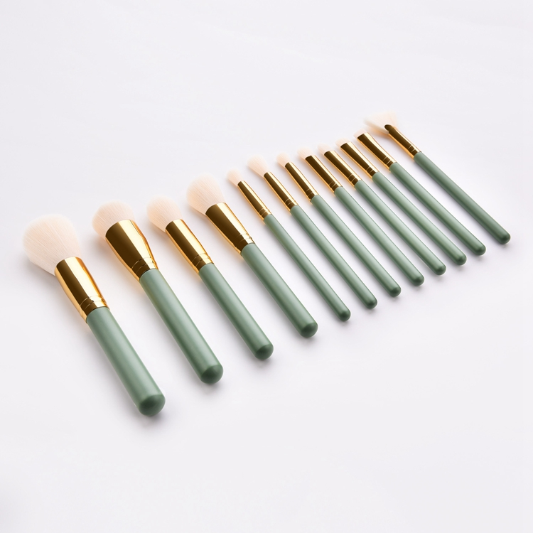 Private Label Low MOQ 12PCS Vegan Synthetic Hair Fresh Green Makeup Brush Set