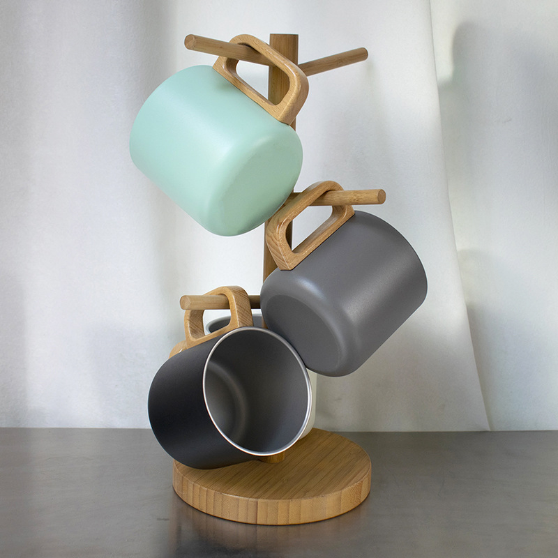 Double Wall Insulated Coffee Mug 10oz Bamboo Handle for Camping and Travel