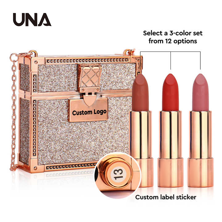 Private Label Matte Lipstick 3-Piece Set with Luxury Chain Bag Vegan Free Choice Lipstick Color Combination Creamy Lipstick