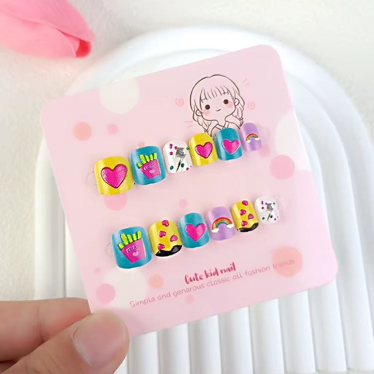 Cute Flower Cartoon Kids Press on Nail Art Set with Rhinestones