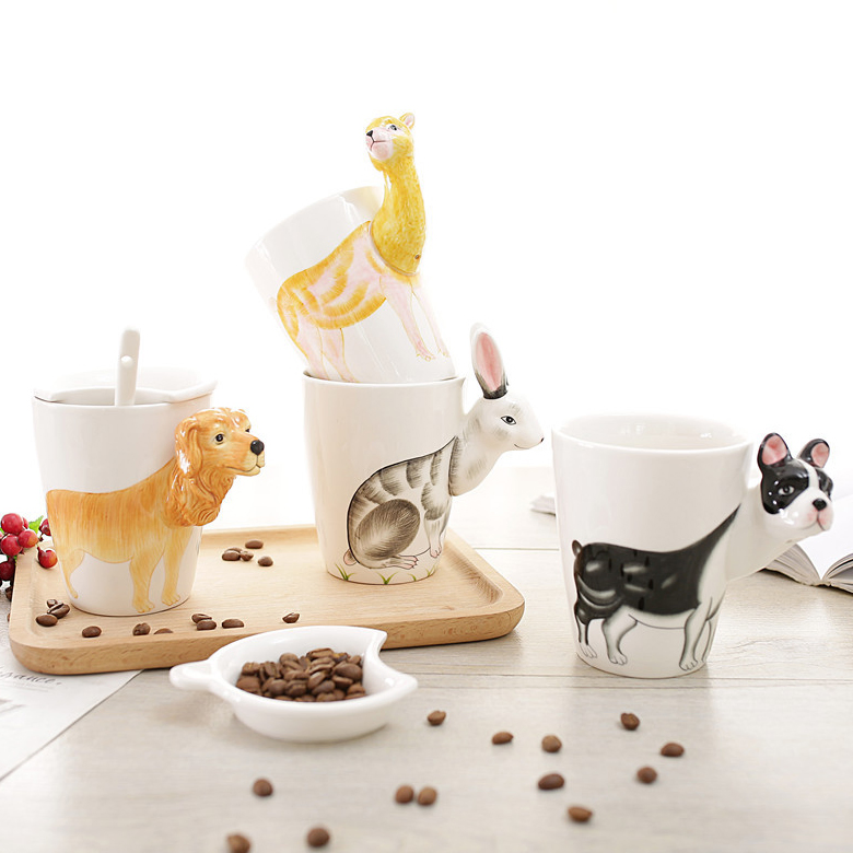 Factory Custom Animal Logo Ceramic Handle Glazed Mug Cup