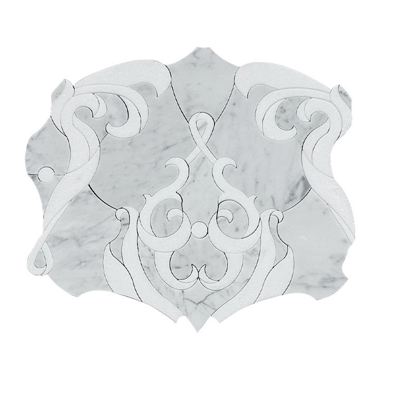 White Marble Baroque Scroll Medallion Mosaic Tiles
