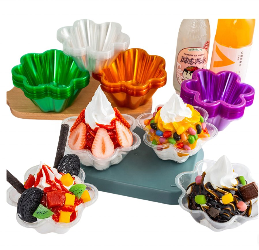 Disposable Pet Hexagonal/Heptagonal Flower Bowl Salad Container Transparent Plastic Snow Ice Rain Takeaway Salad Dessert Cups Various Colors
