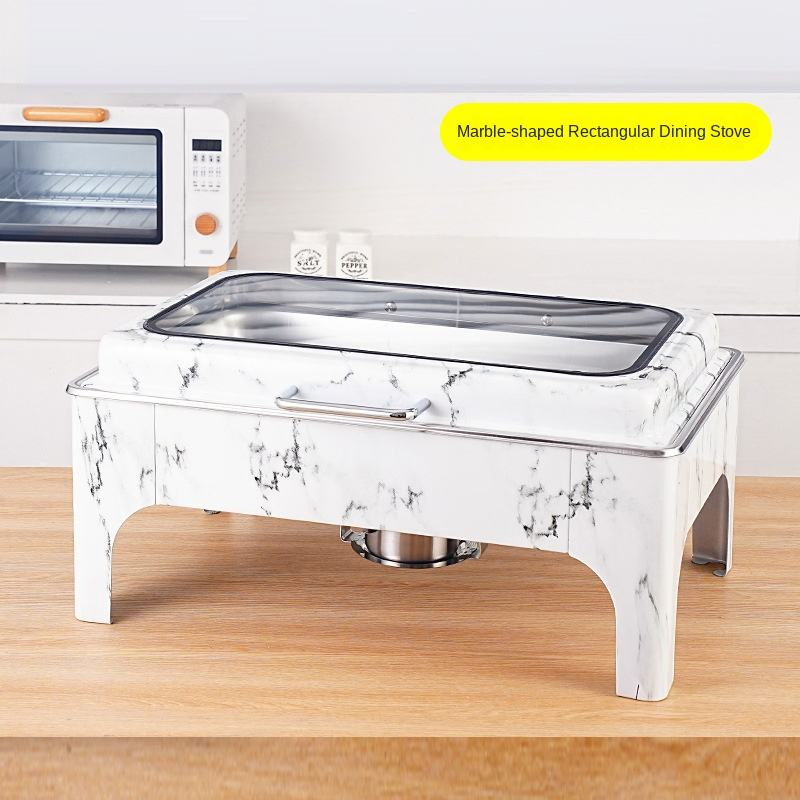 White Large Rectangular Marble Pattern Tableware Stainless Steel Insulation Chafing Buffet Stove with Visible Cover