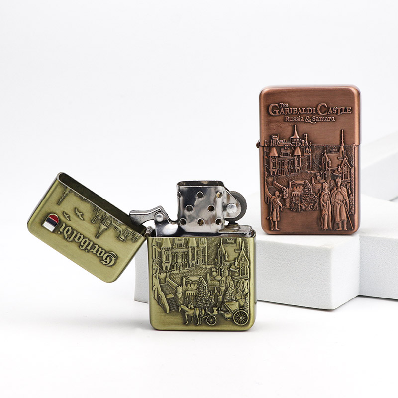 Custom Engraved Logo Antique Countries Tourist Souvenir Windproof Kerosene Metal Cigarette Lighter