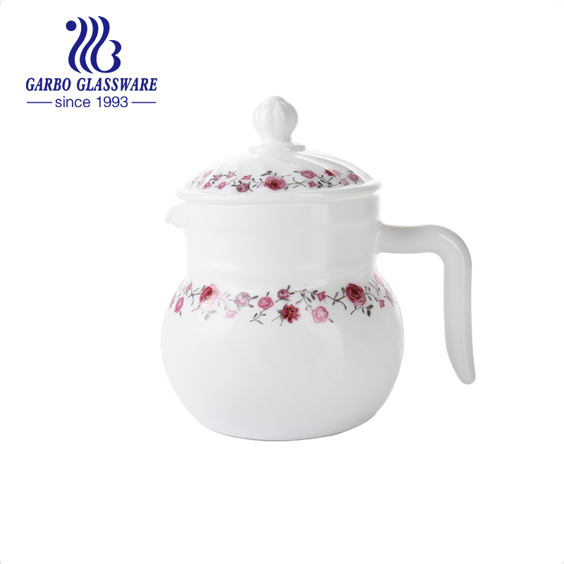 New Arrival Wholesale Daily Use White Opal Glass Teapot Vintage Flower Decor Coffee Kettle Heat Resistant Opal Glass Pitcher 1.5L