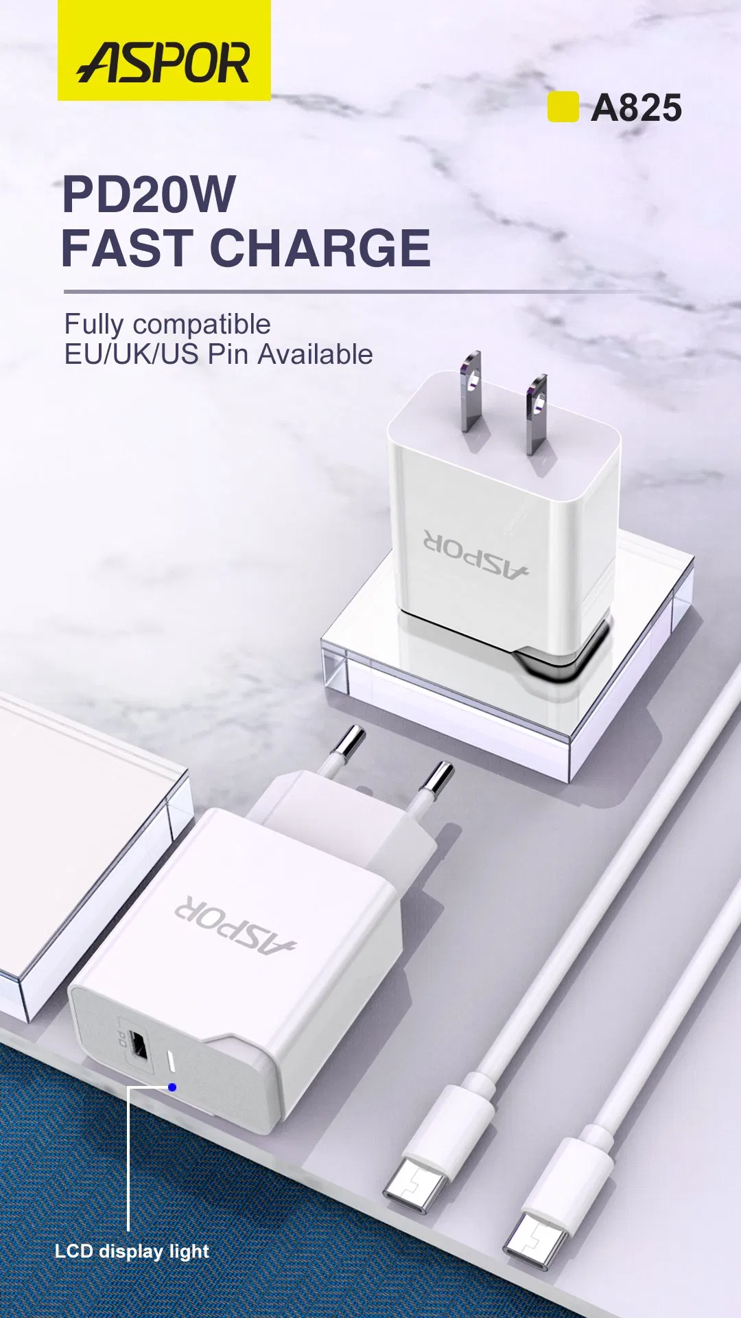 Aspor Hot Selling Brand 20W Pd Fast Charger EU/UK/Us Pin Power Battery Air Socket Output Container Weight