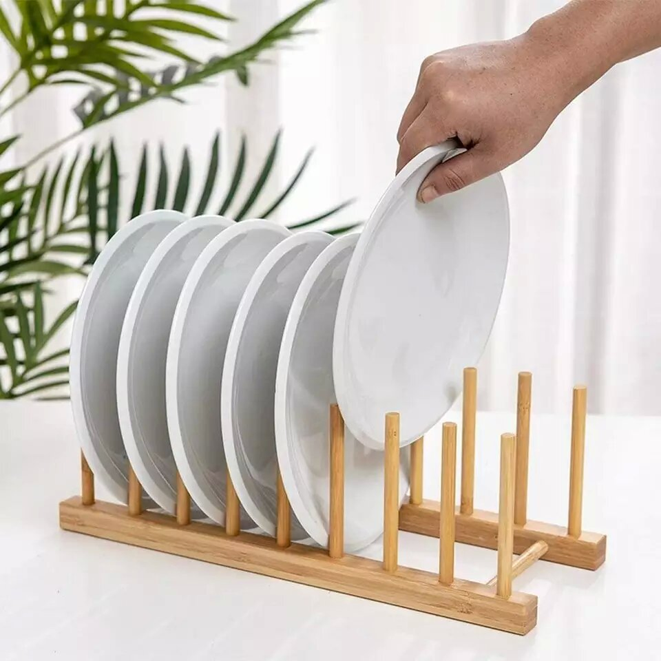 Record Storage Holder CD Display Stand, Bamboo Dish Plate Bowl Book Pot Lid Cutting Board Drying Rack Stand