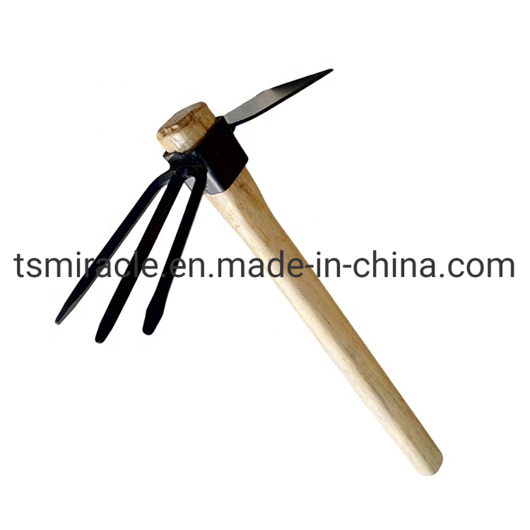 Garden Tool Black Wood Handle Plastic Sprayed Dual Purpose Hoe Four-Pronged Rake Sshovel Outdoor Hoe