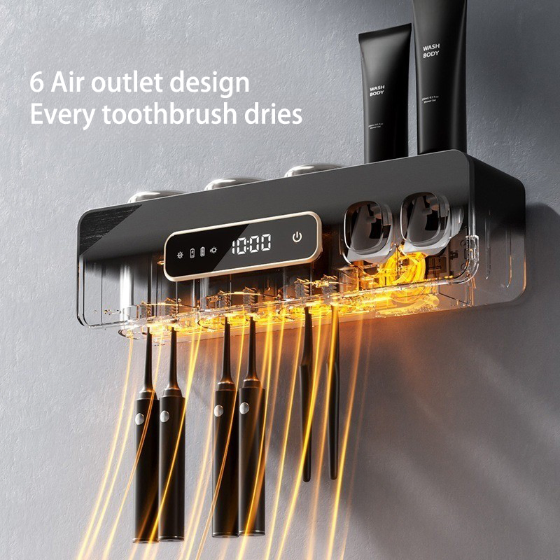 Rechargeable Bathrooms Smart Sterilizing Toothbrush Holder with Two Toothpaste Dispenser UV Sterilizer and Dryer