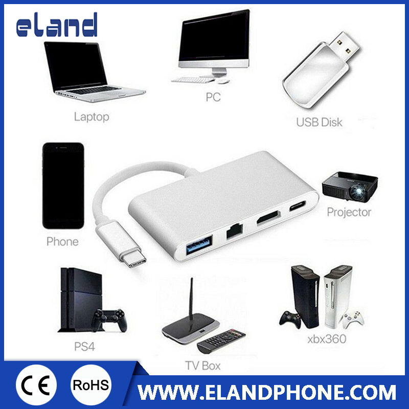 Type C to RJ45+HDMI+Pd+U3 4 in 1 Adapter