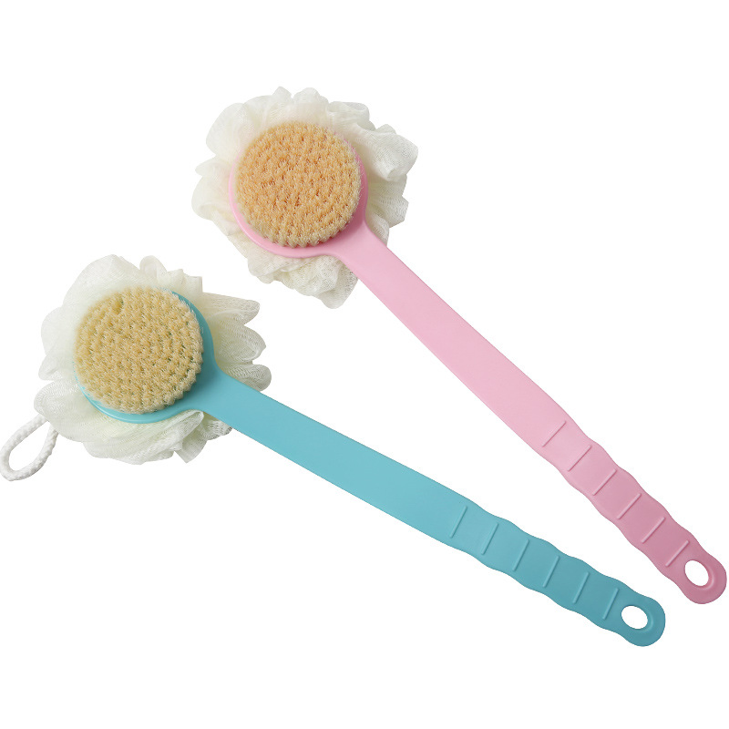 Long Handle Bath Brush with Mesh Sponge Ball Back Bath Brush