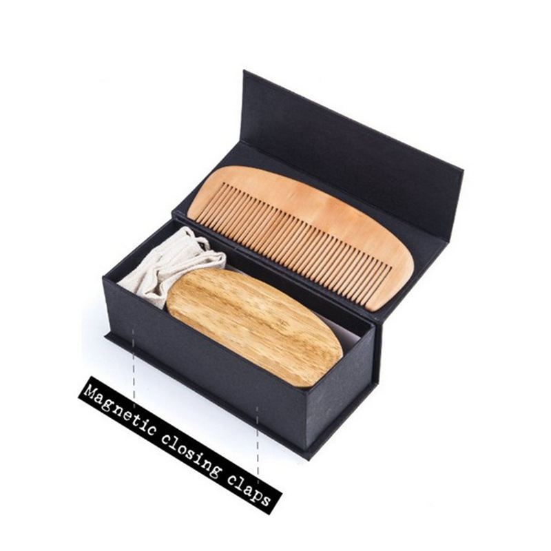 Gift Box / Bag Wooden Boar Bristle Beard Comb Brush Kit Custom Logo Barber Salon Beard Brush and Comb Set for Men