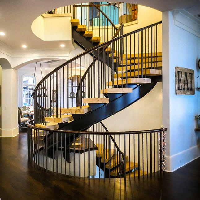 dB Popular Wood Step Curved Staircase with Steel Rod Railing