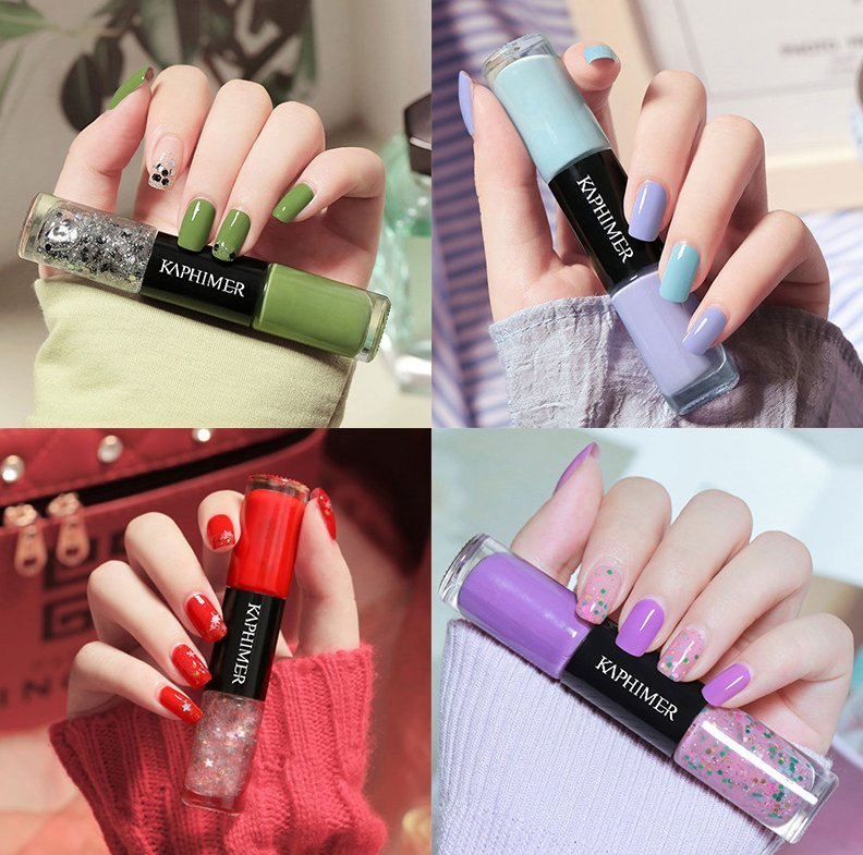 Double-Headed 2 in 1 Water Based Air Dry Nail Polish Eco-Friendly Matte Organic Long Lasting Gel Nail Polish Non-Peelable 3D Glitter Lasting Nail Gel Polish