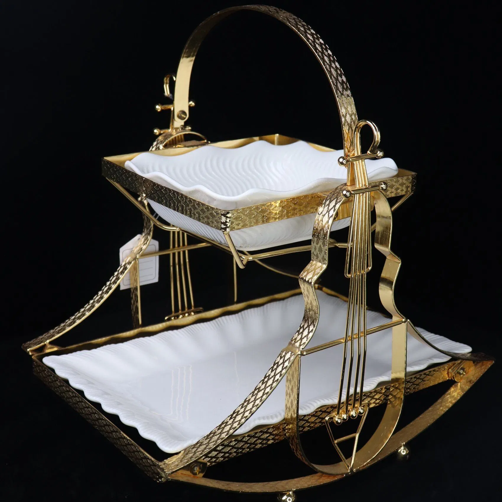 Home Ornament Gold-Plated Iron Frame with Large Size Double-Layer Ceramic Bowl