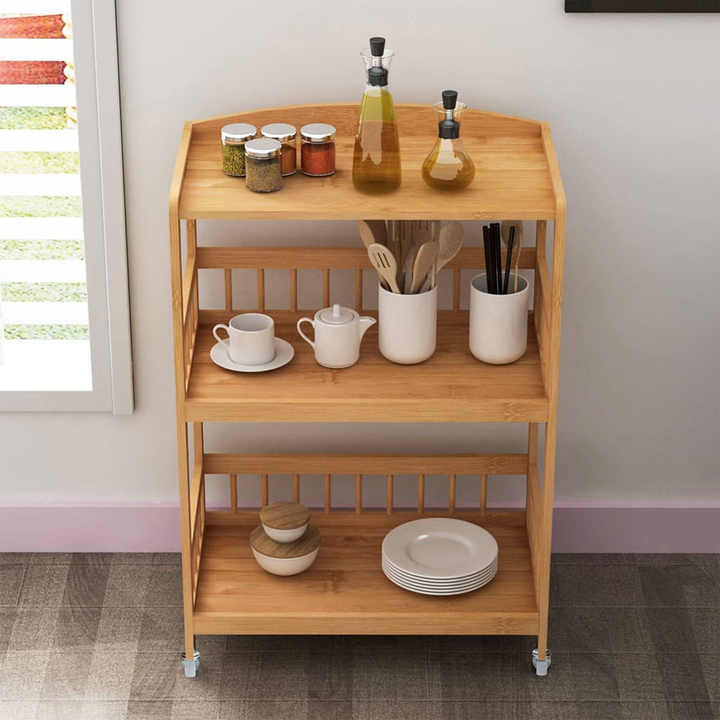 Bamboo Household Kitchen Bathroom with Wheeled Storage Rack