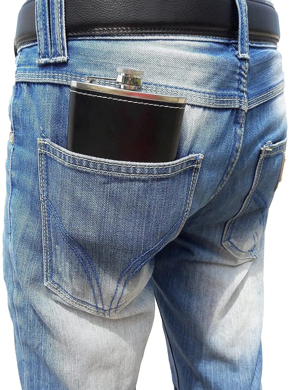 8 Oz Leak Proof Stainless Steel Pocket Hip Flask with Black Leather Cover for Discrete Shot Drinking of Alcohol, Aberlour, Rum and Vodka