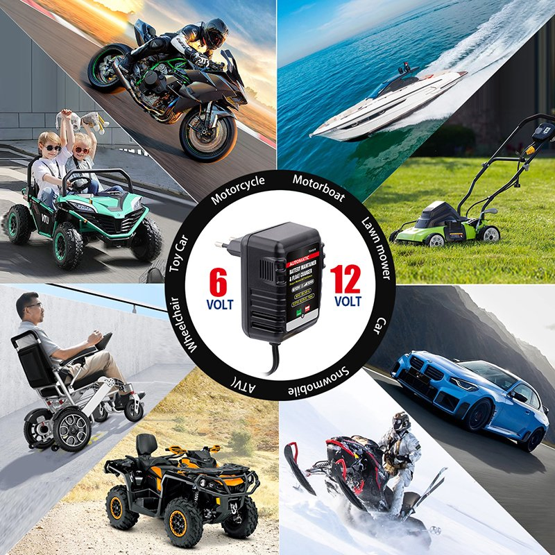 Automatic 6V/12V Battery Charger Maintainer 750mA - Motorcycle ATV RV Charger with Overcharge Protection & Spark Proof