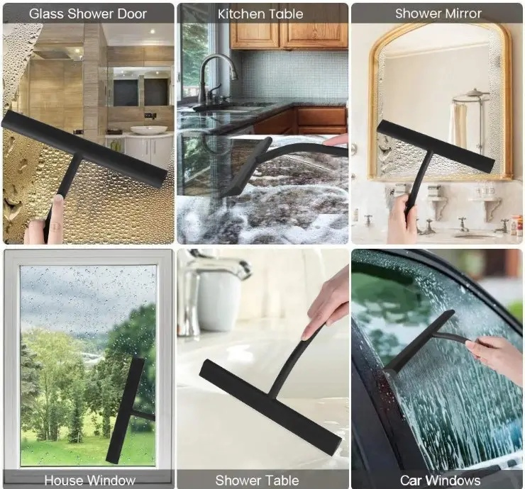 Non-Slip Aluminum & Rubber Handle Household Scraper Glass Silicone Shower Cleaner Wiper with Hook Bathroom Car Window Cleaning