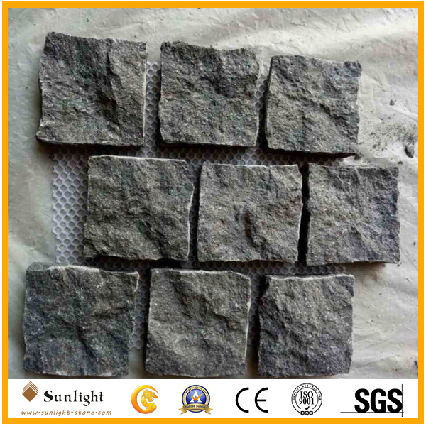 Natural Split G684 Black Basalt Cobblestone Paving Stone on Mesh