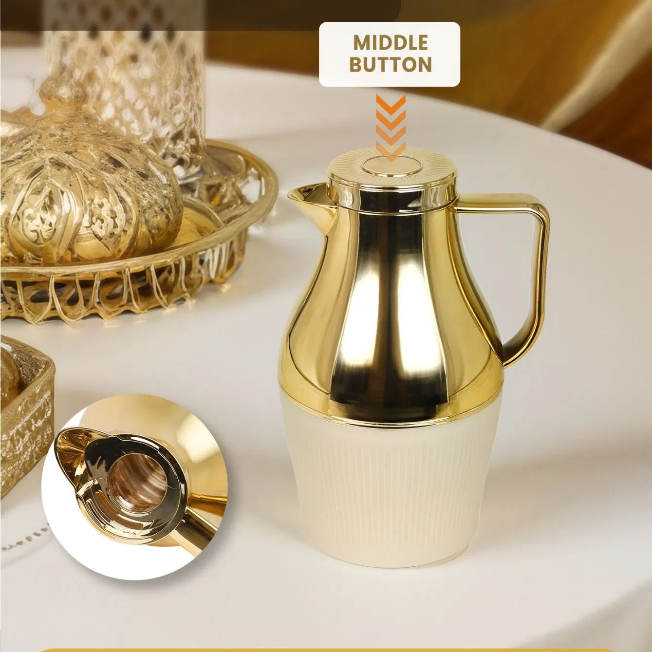 New Arrival Arabian Coffee Pot Gold Head Plastic Color Body with Glass Refill Vacuum Flask &Thermoses