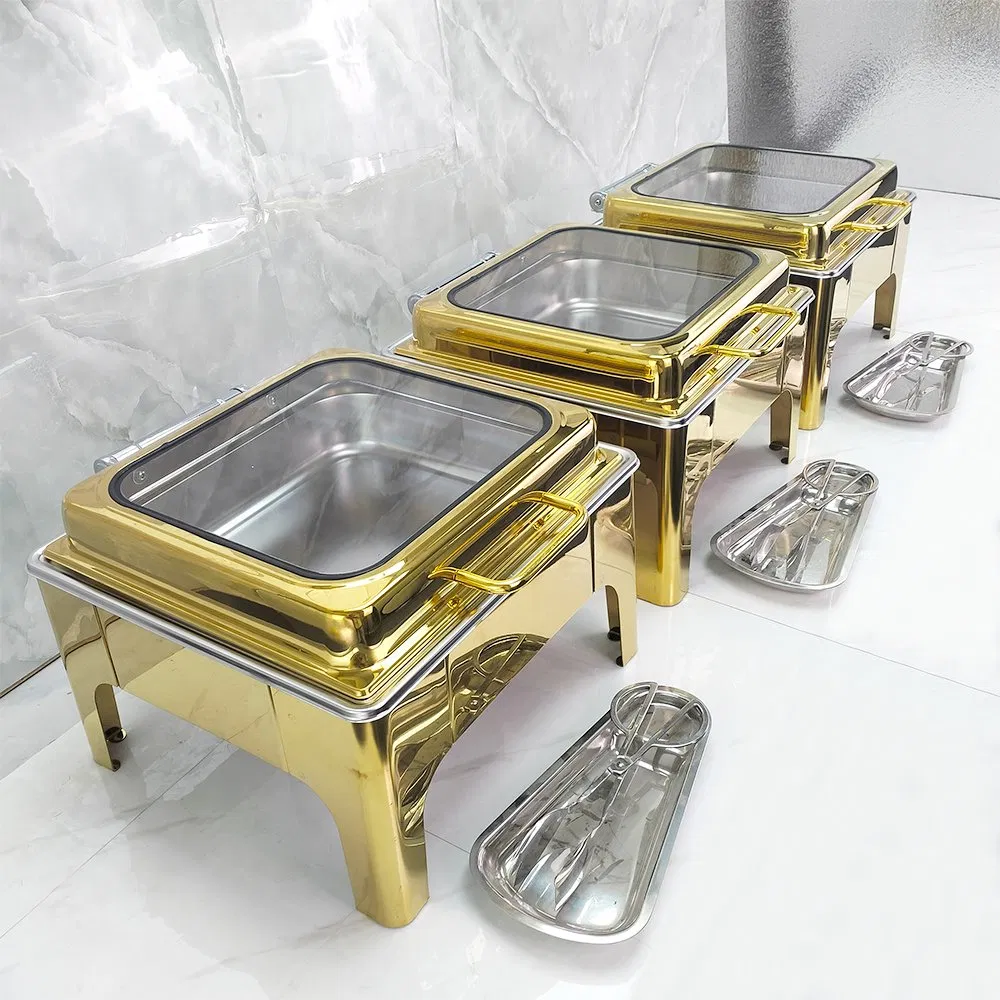 Luxury Commercial Fuel Food Warmer Stainless Steel Chafing Dish Square Glass Lid Modern for Hotel Restaurant Buffets Gold