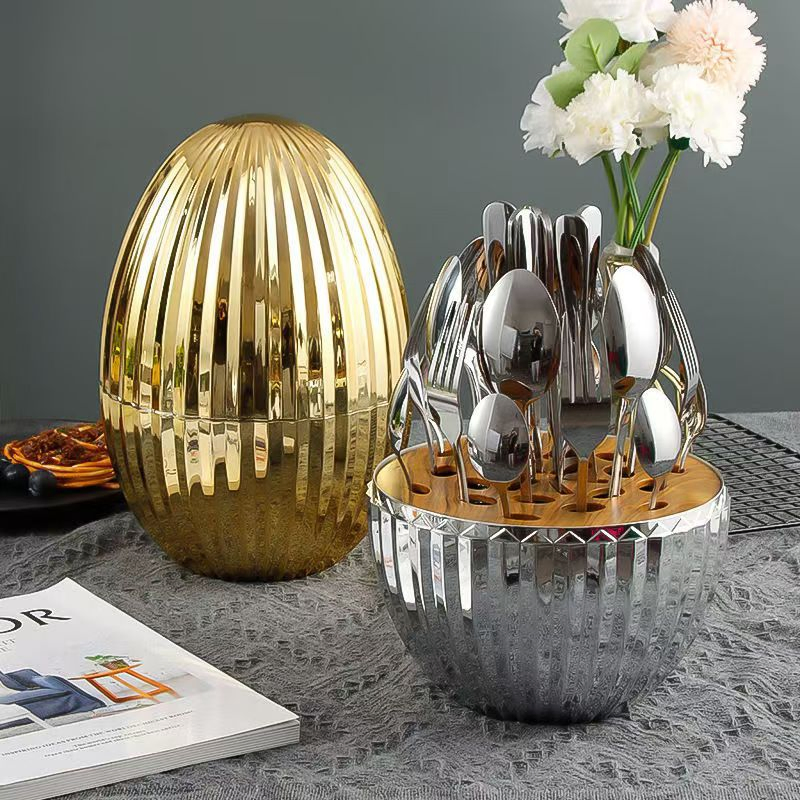 24PCS Tableware Set Gold Silver Egg-Shaped Stainless Steel Flatware Set