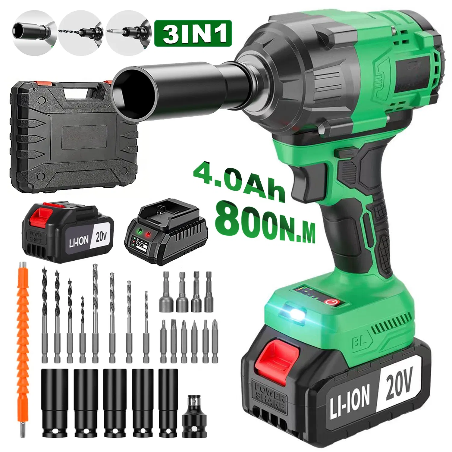 20V Cordless Impact Wrench, Max Torque 800nm, 3 in 1 Electric Wrench, Support OEM/ODM