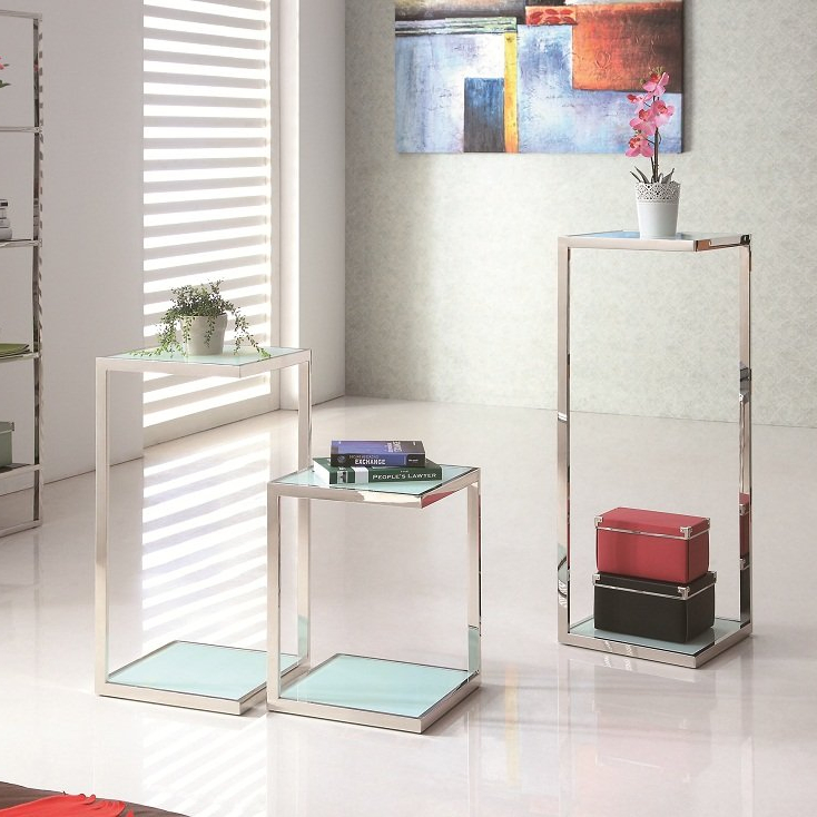 Sunlink Simple Three Sizes Square Tempered Glass Side Table Steel Flower Display Stand