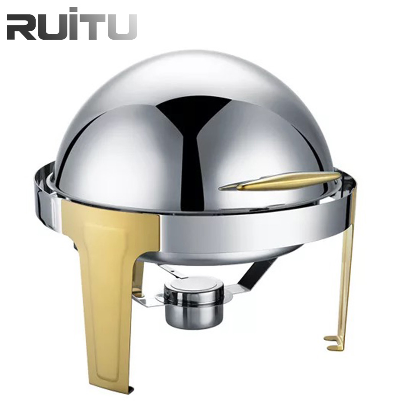 Buffetware Stoves restaurant Food Warmer Equipment High Quality Chaving Dish Gold Legs Silver Roll Top Round 6qt Cheap Economic Party Chafing Dishes for Sale
