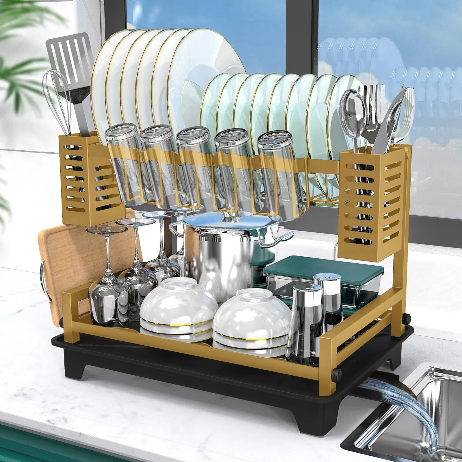 2-Tier Stainless-Steel Dish-Drying-Rack with Drainboard & Utensil-Holders, Space-Saving Sink-Counter Organizer
