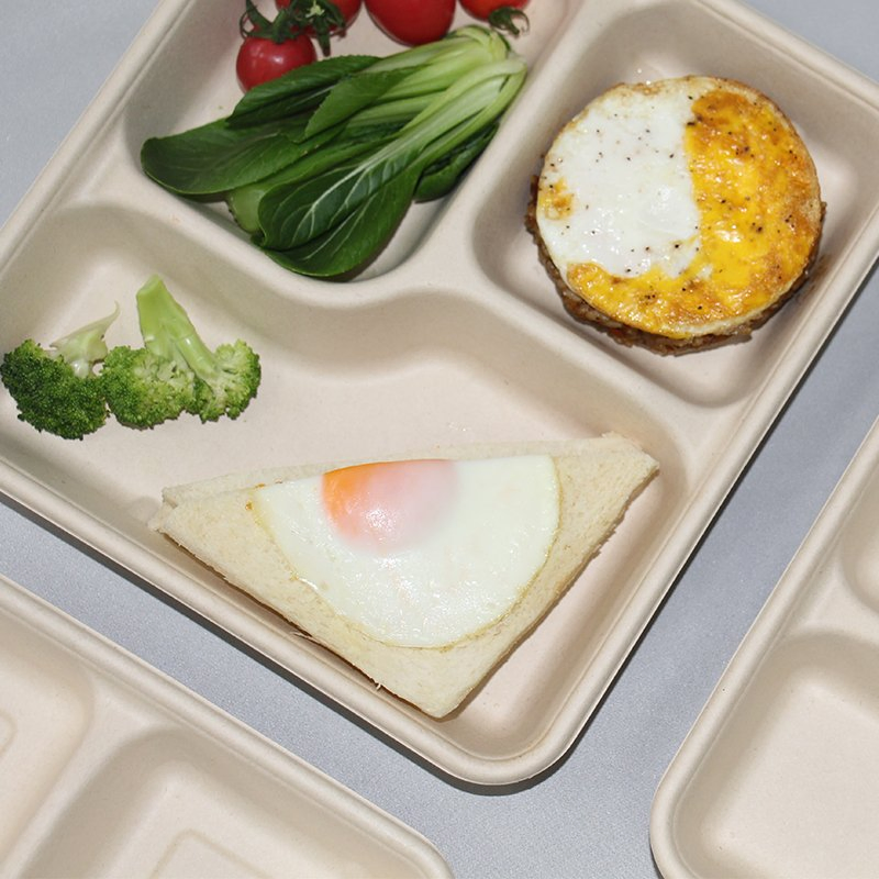 Unbleached All Natural Eco Friendly 4 Compartment Divided Square Sugarcane Food Tray