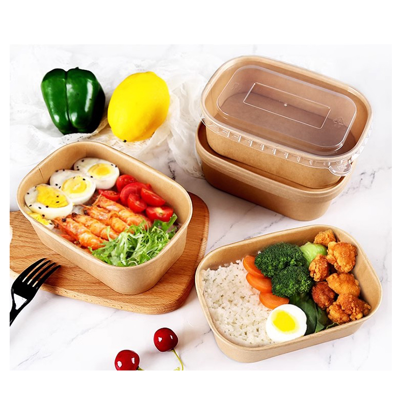 Custom Logo Printed Rectangle Food Packing Kraft Containers Square Round Food Grade Greaseproof Salad Fruit Dessert Sushi Takeaway Paper Bowl