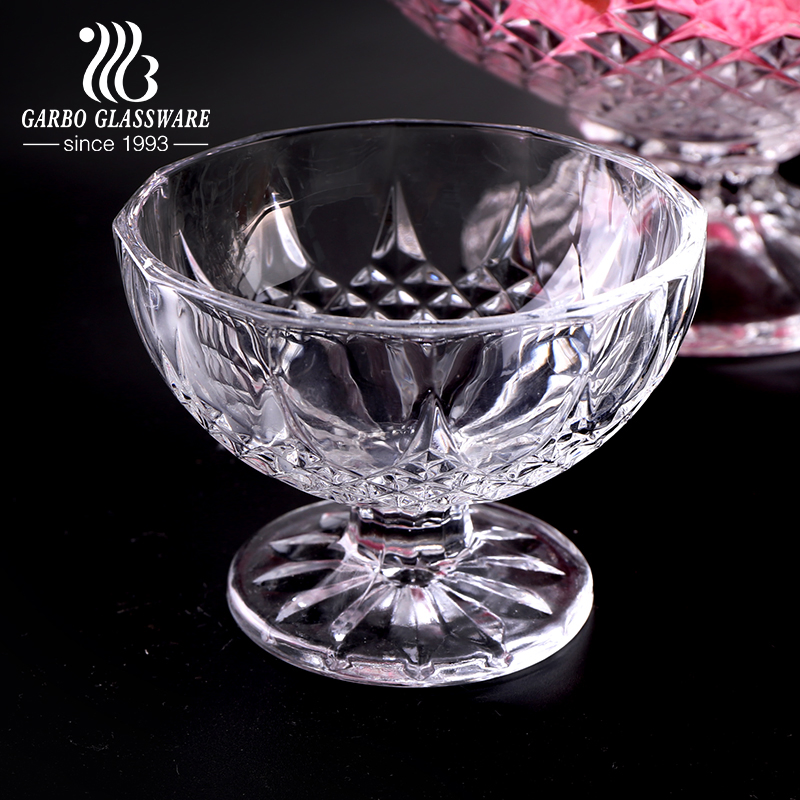 High Quality Engraved Pattern Glass Salad Bowl Set Ice Cream Glass Cups Diamond Design Big Glass Dessert Bowl 1 Big Size 6 Small Size Glass Bowl