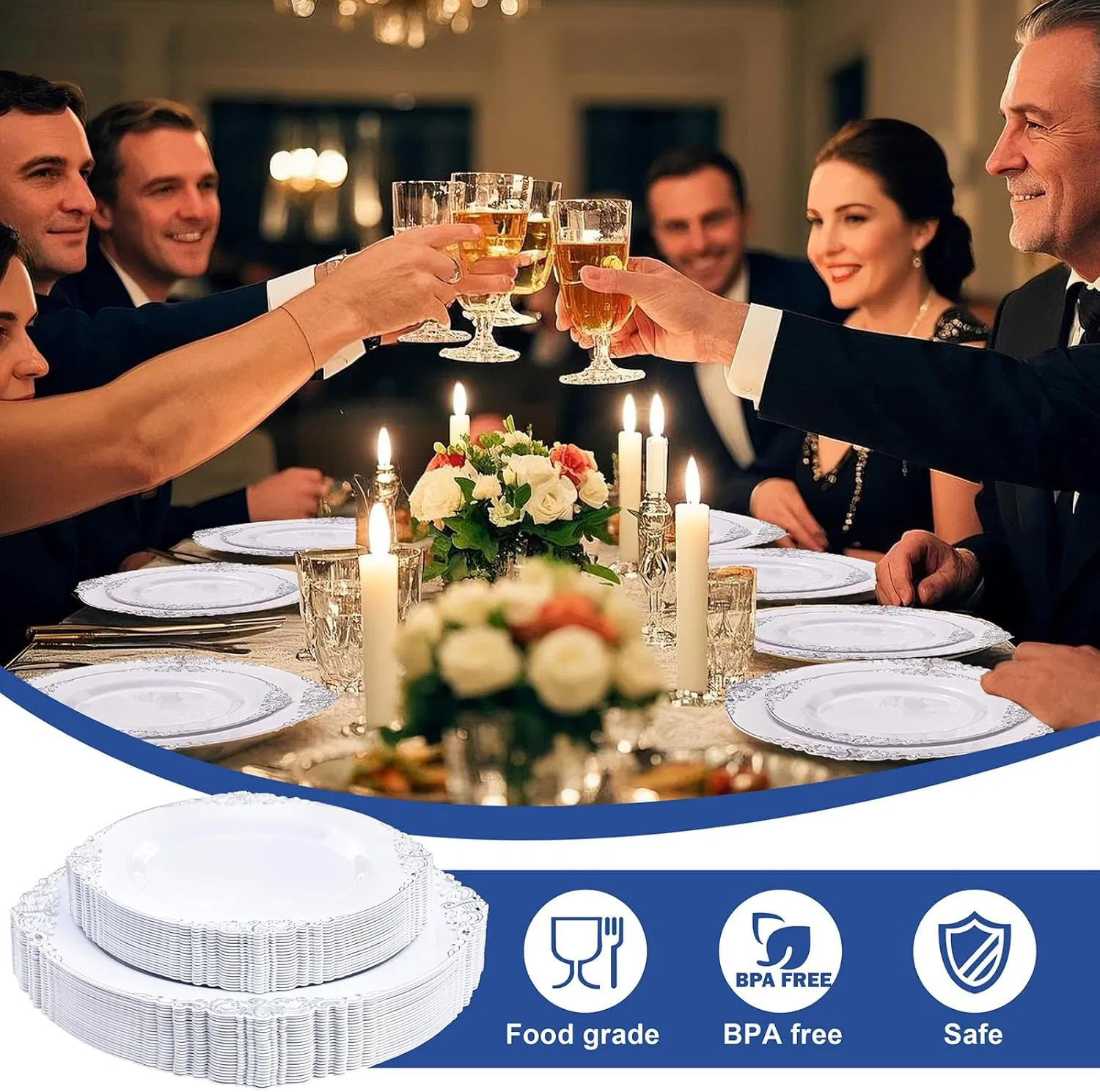 White and Vintage Silver Disposable Plastic Plates Dinnerware