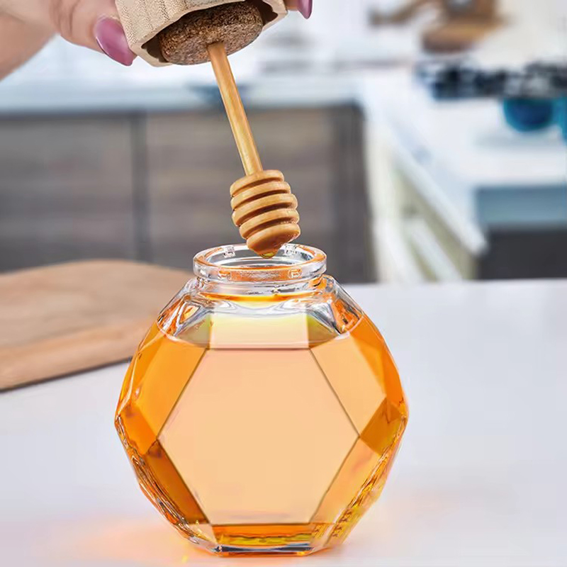 Honey Pot Hexagon Shape Glass Honey Jar with Dipper and Wooden Lid