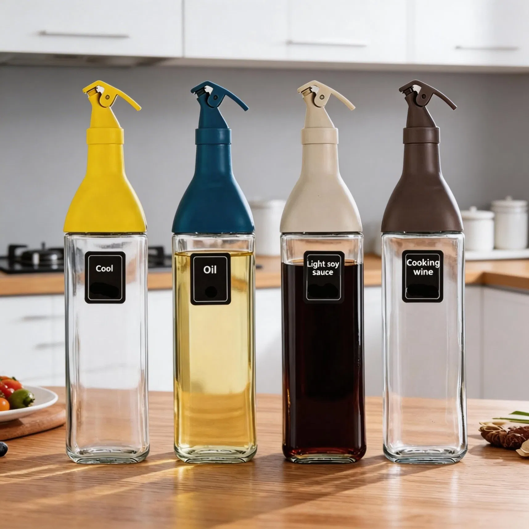 Multicolor Square Glass Oil Bottle with Wooden Stopper for Rustic Kitchen Aesthetic