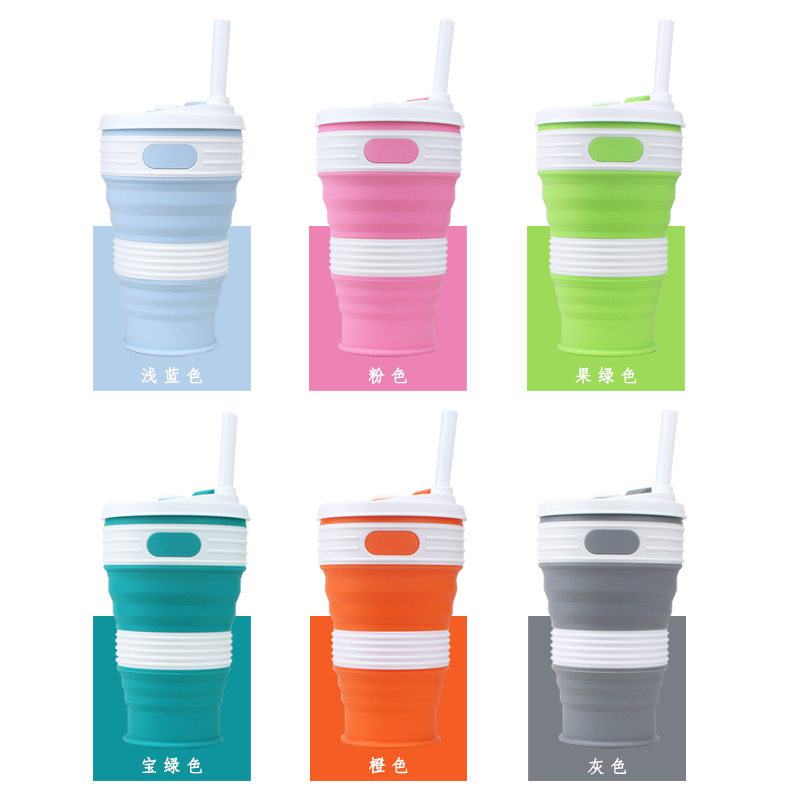 Складная силиконовая кружка 600 мл с крышкой и трубочкой