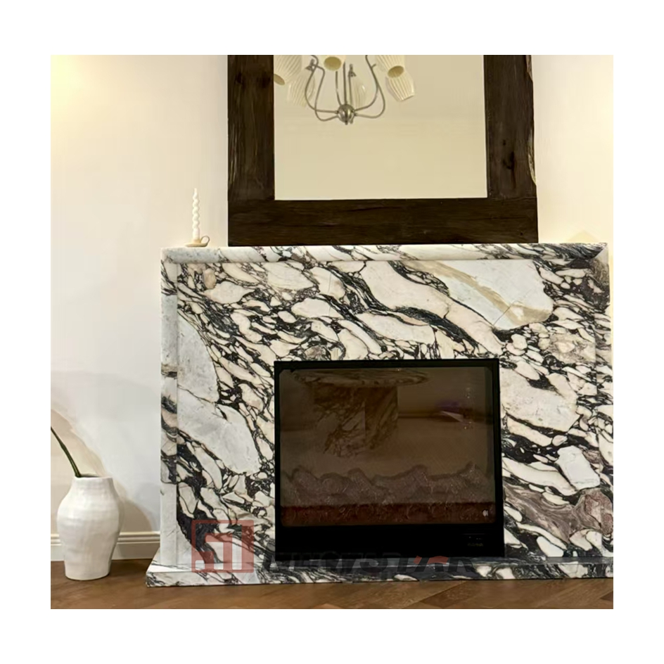 Beautiful Calacatta Viola Marble Stone Fireplace Customizable White Veined Marble Mantel